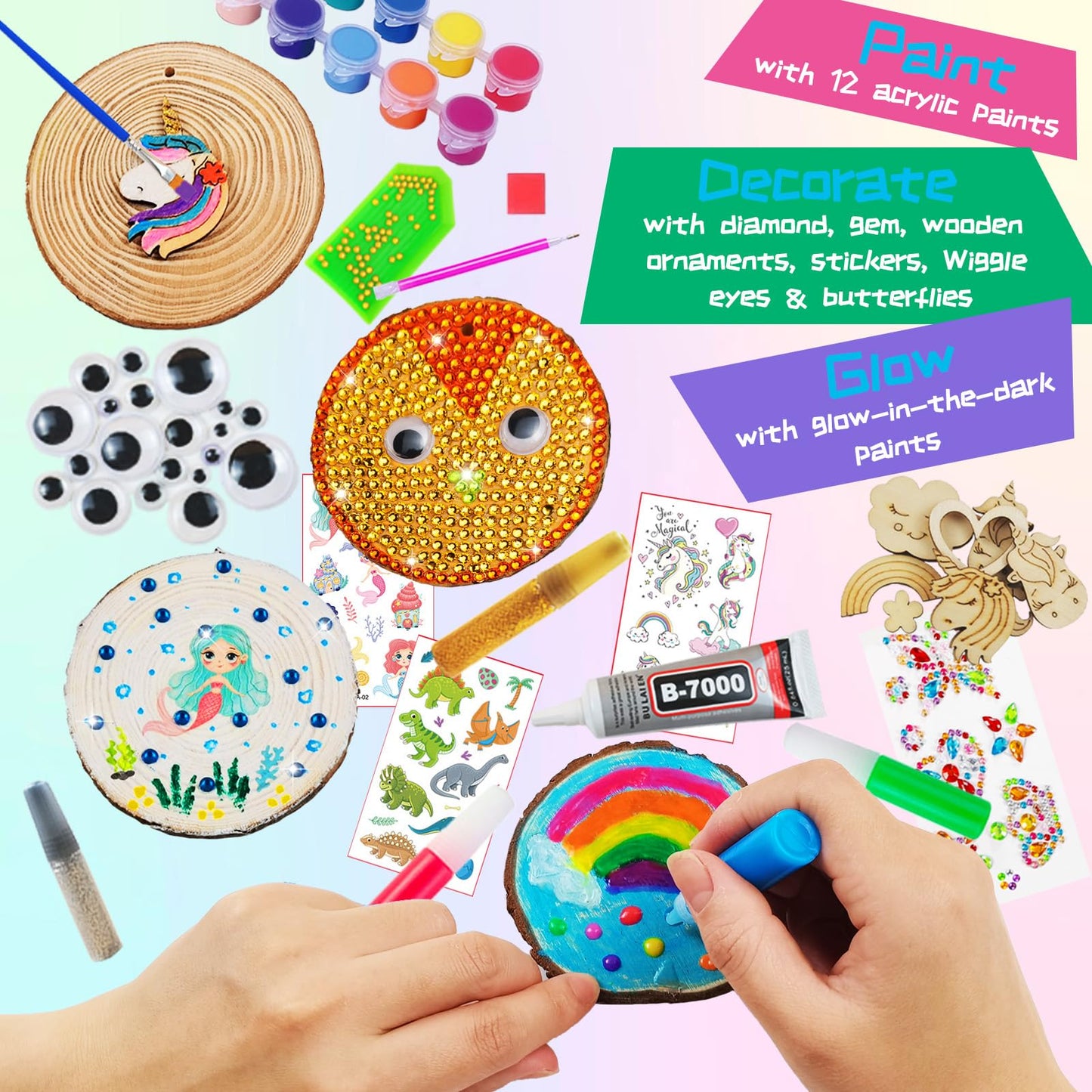 Kirkotoy Glow-in-the-Dark Wooden Crafts Kit for Kids – 24 Wood Slices, Arts & Crafts Gift for Ages 6–12