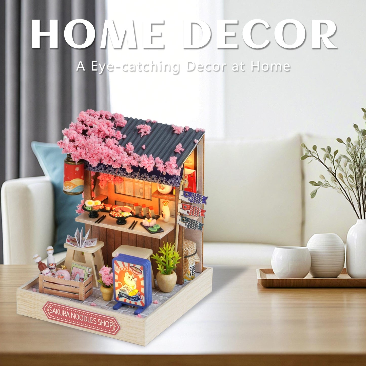 Kisoy Dollhouse Miniature Kit with Furniture — DIY 3D Wood House, Dust Cover, LED