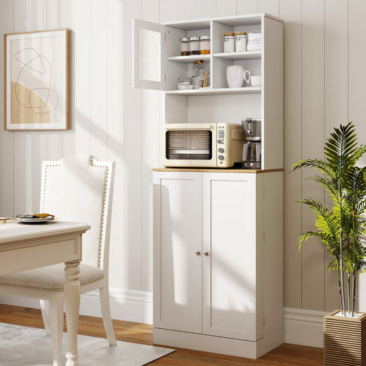 170CM Kitchen Pantry Cabinet Freestanding Tall Cupboard with Microwave Shelf-White