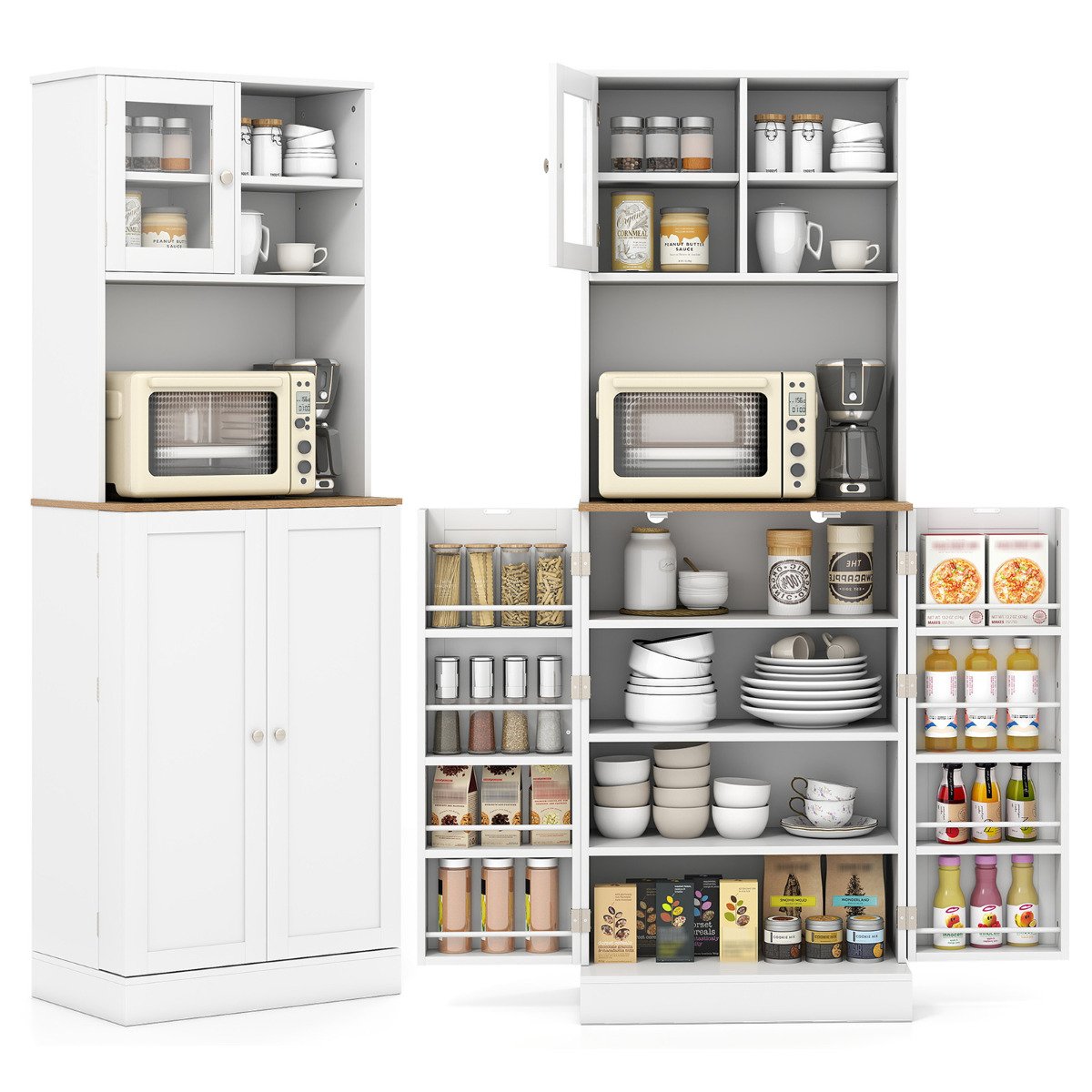 170CM Kitchen Pantry Cabinet Freestanding Tall Cupboard with Microwave Shelf-White