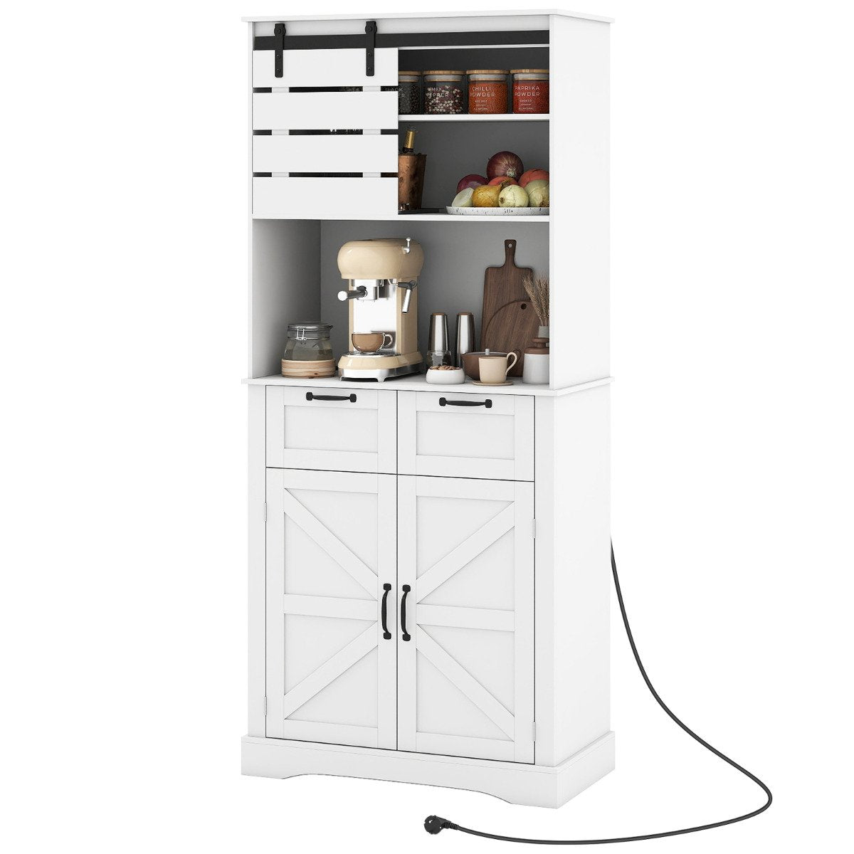 Kitchen Pantry Cabinet with Power Outlet Tall Coffee Bar Cabinet with Doors Drawers and Adjustable Shelf-White