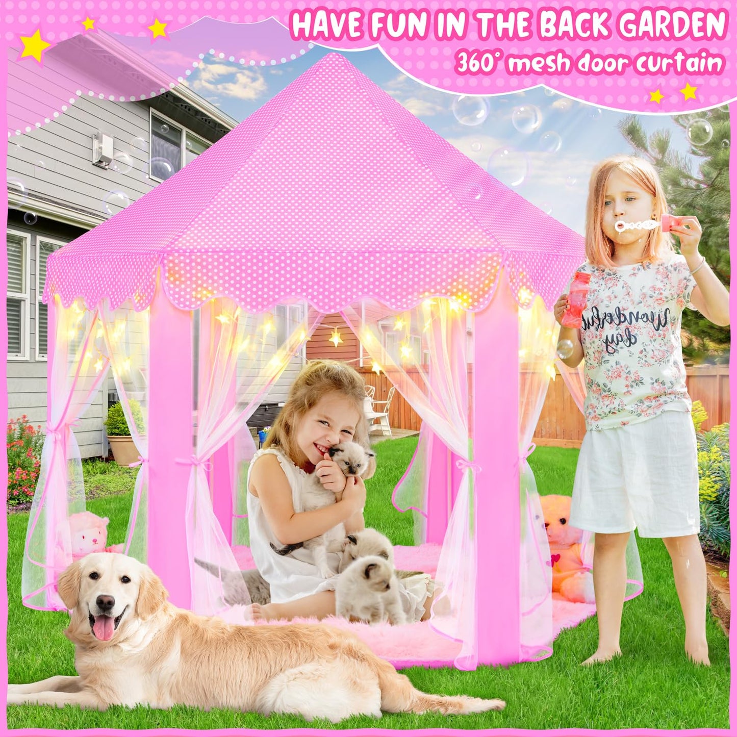 KIXINWA Pink Princess Tent with LED Stars – Castle Playhouse for Kids (Indoor/Outdoor)