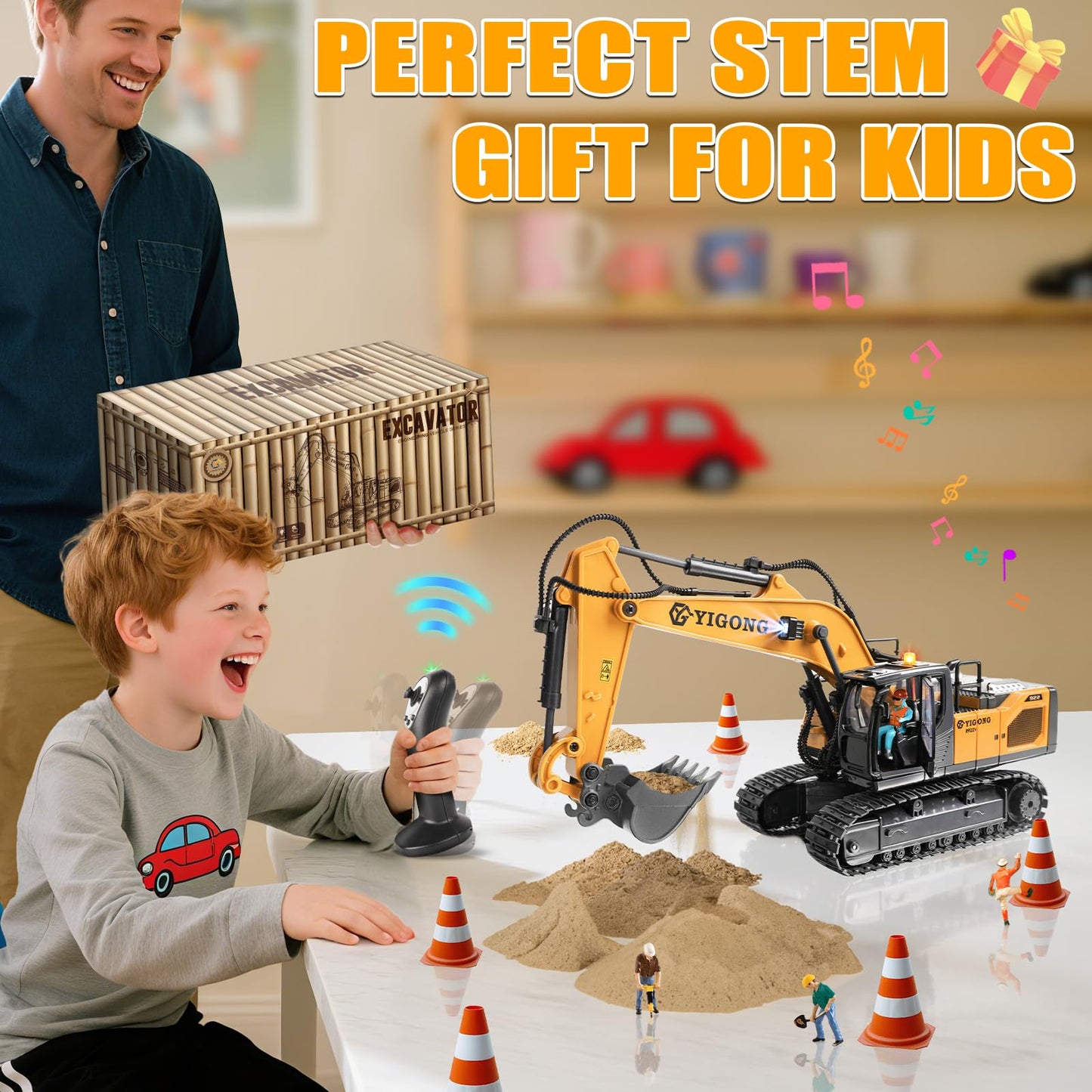 KIZJORYA Remote Control Excavator Toy – 11-Channel 2.4 GHz Gravity Dual-Control, Lights & Sounds for Kids 6–12