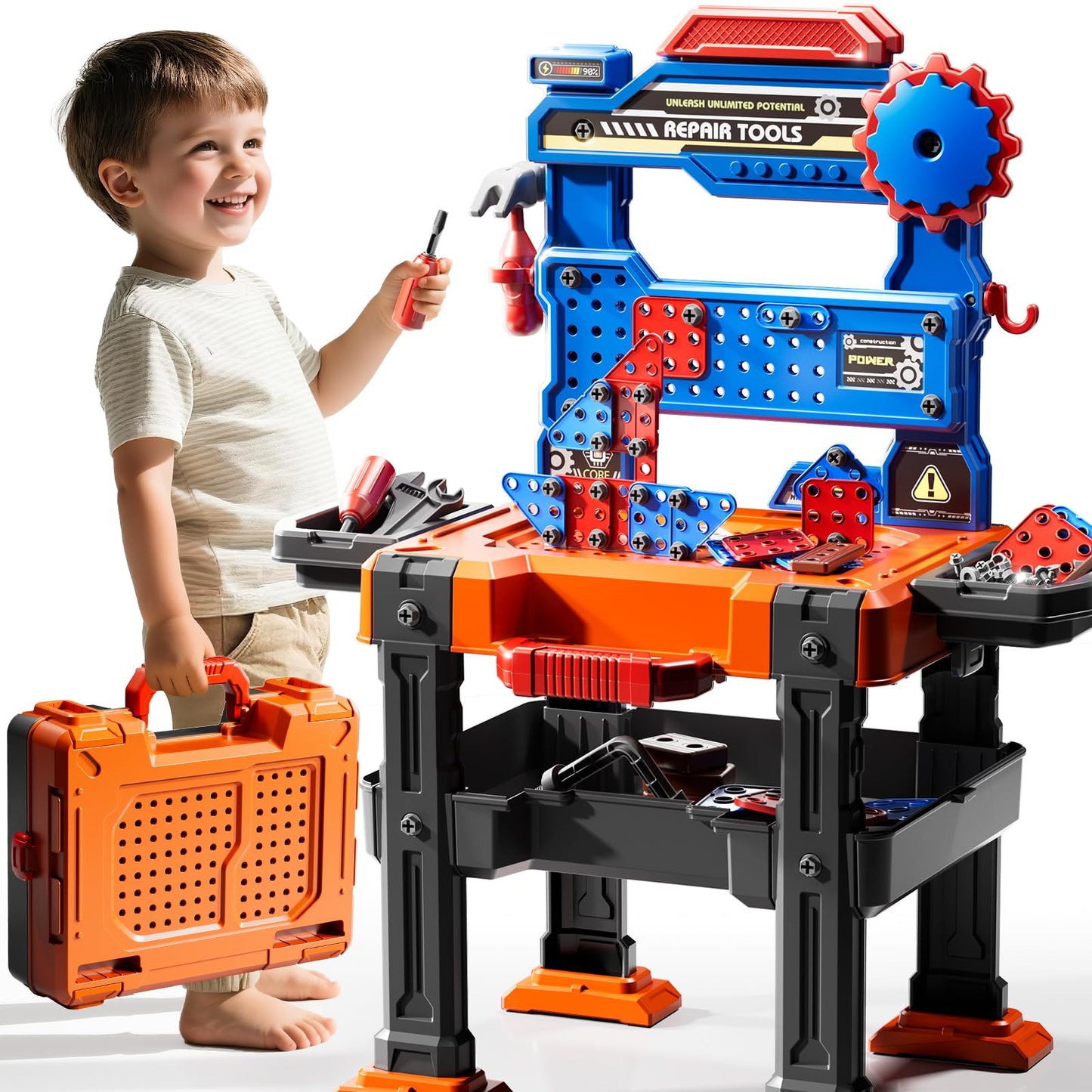 KIZONLY 2-in-1 Kids Workbench Tool Set for Ages 3–8 – 145-Piece Pretend Play Construction
