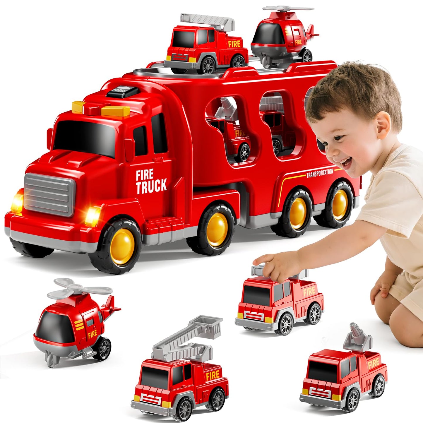 KIZONLY 5-in-1 Fire Truck Carrier Set for Toddlers | Light & Sound Mini Vehicle Play