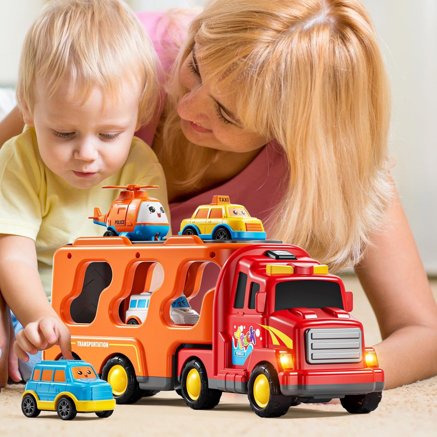 KIZONLY 5-in-1 Carrier Transport Trucks for Toddlers 3-7 | Light & Sound Play