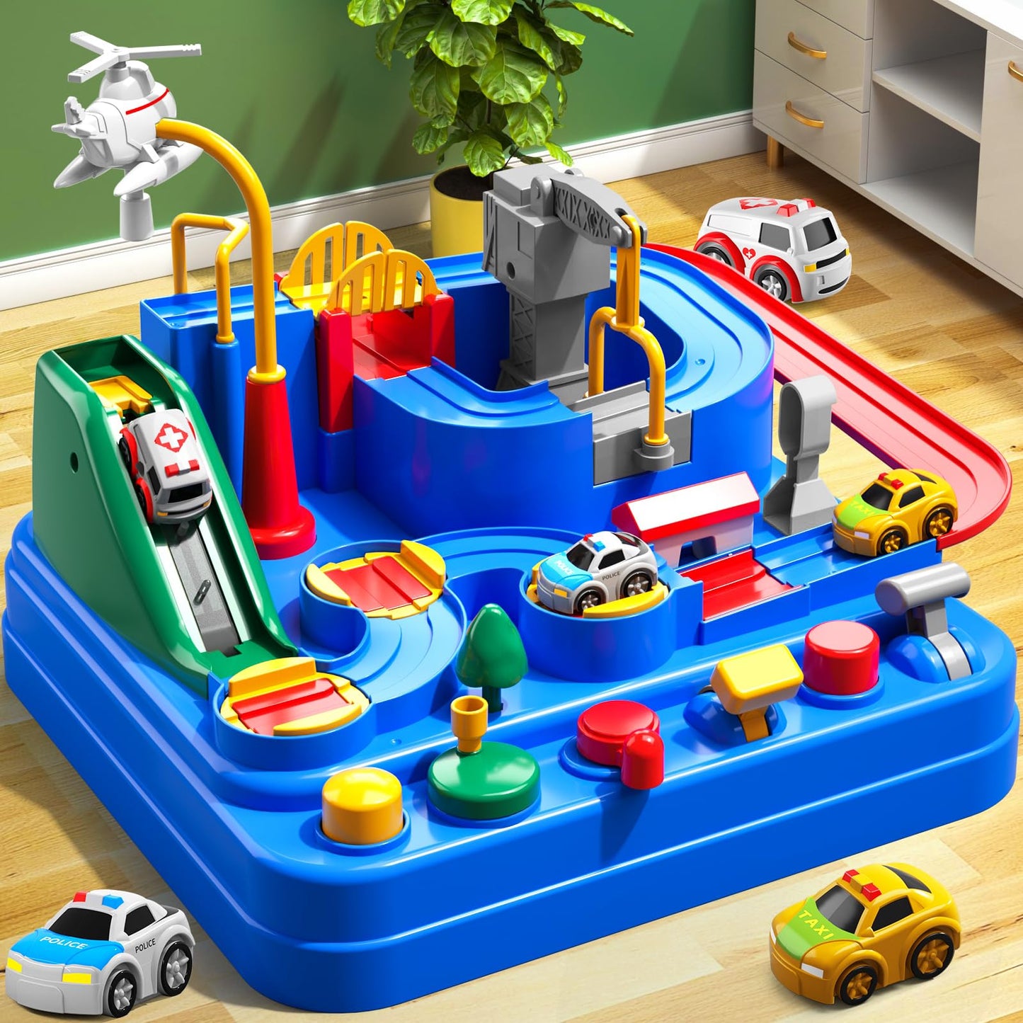 KIZONLY Car Race Track for Kids 3+ | City Track with 3 Cars & Playful City Obstacles