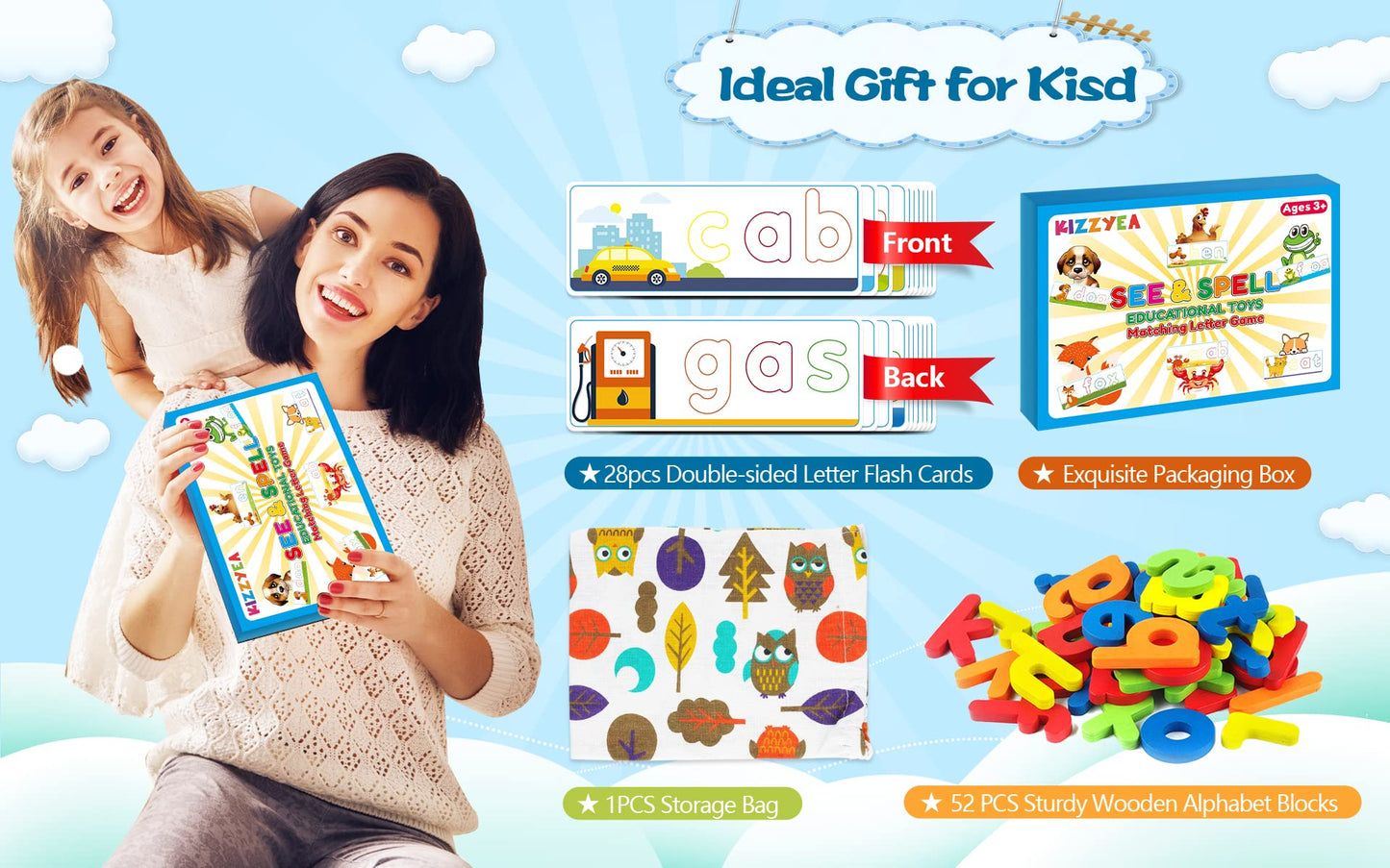 KIZZYEA Learning Letter Flash Cards & Wooden Blocks – Alphabet & CVC Word Builders for 2-6 Year Olds