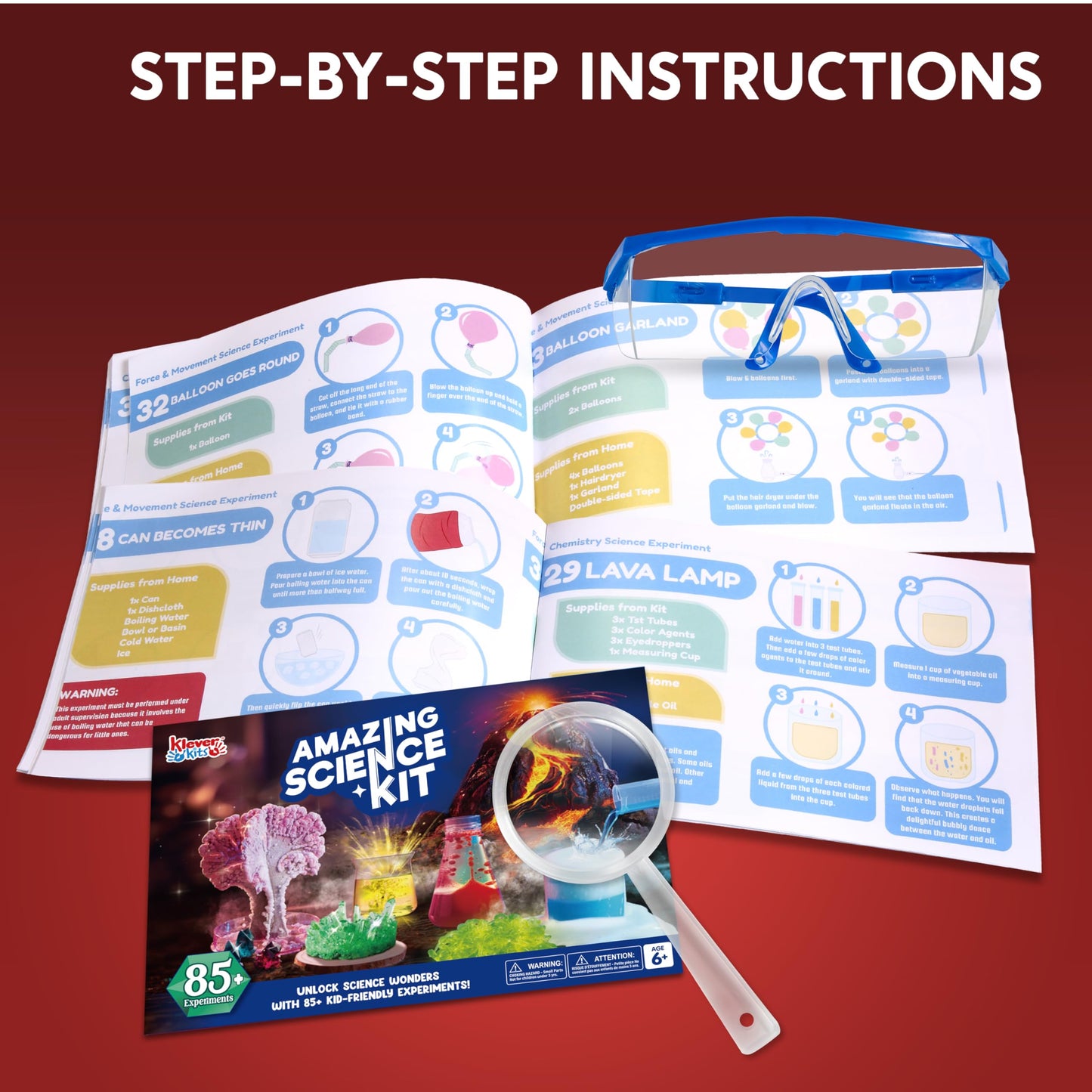 Klever Kits Amazing Science Kits – 85+ Experiments, Volcano & Crystal Tree for Kids 6–8+