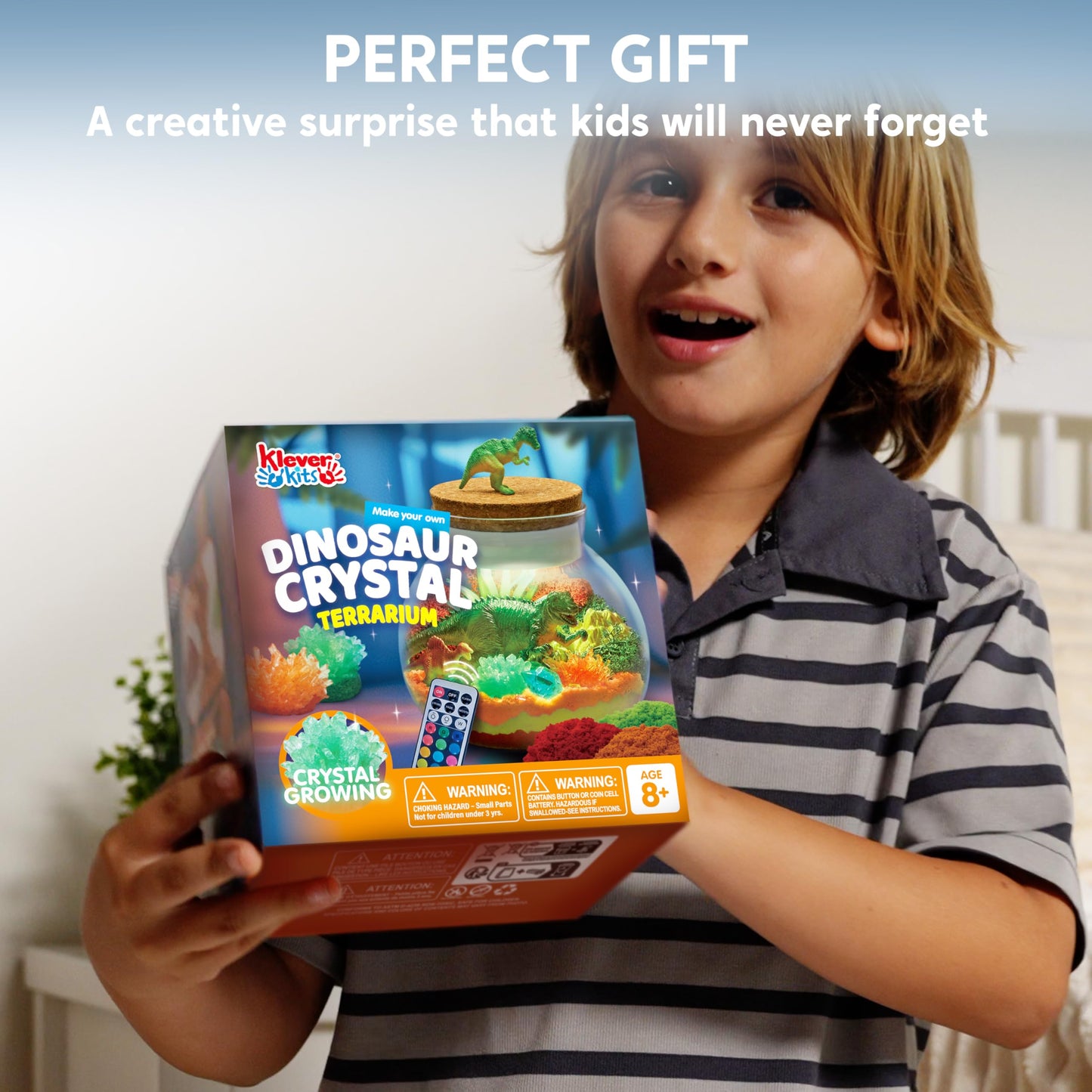 Klever Kits Dinosaur Crystal Terrarium Kit with 12-Color LED Night Light | Kids Craft & STEM
