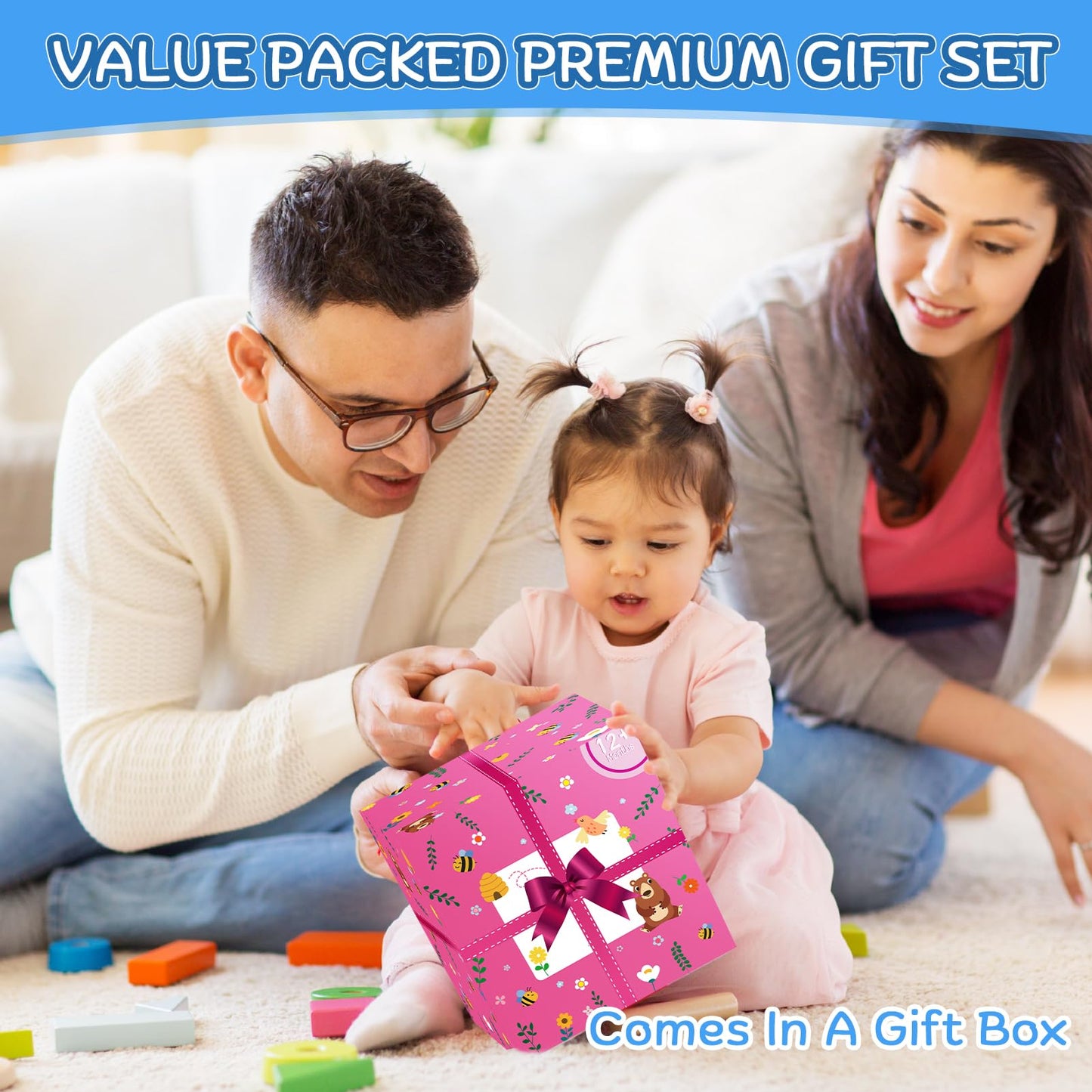 KMTJT Wooden Activity Cube | Montessori Toy for 1-3 Year Olds (Pink) | Gift-Ready