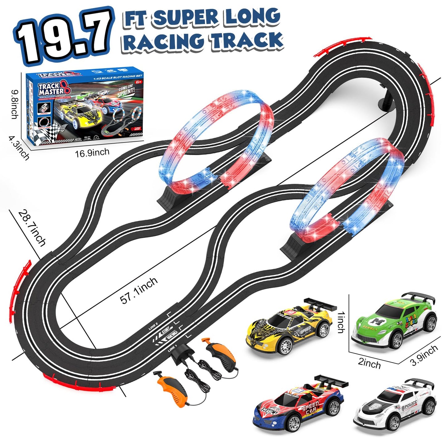 Kmuxilal Slot Car Race Track Sets – 2-in-1 Electric Track with 4 Cars