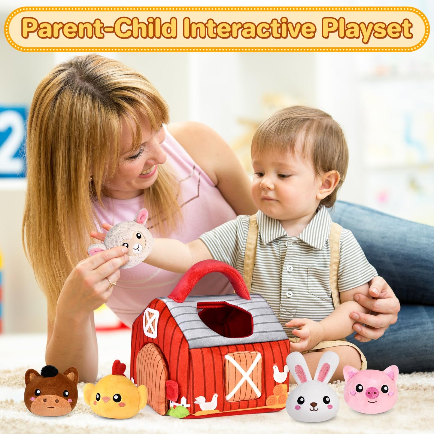 KMUYSL Baby Toys 0-12 Months | Plush Red Barn with Farm Animals, Rattle & Crinkle