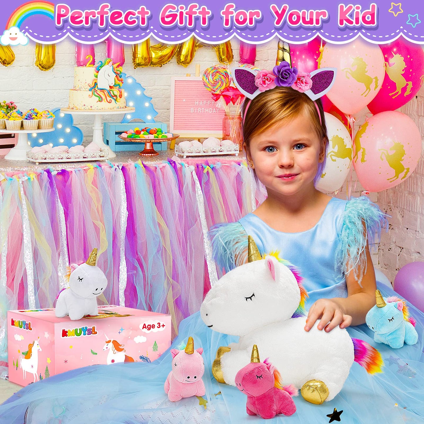KMUYSL Unicorn Mommy Plush with 4 Baby Unicorns – Soft Plush Toy Set for Girls 0–8+ | Gift Idea