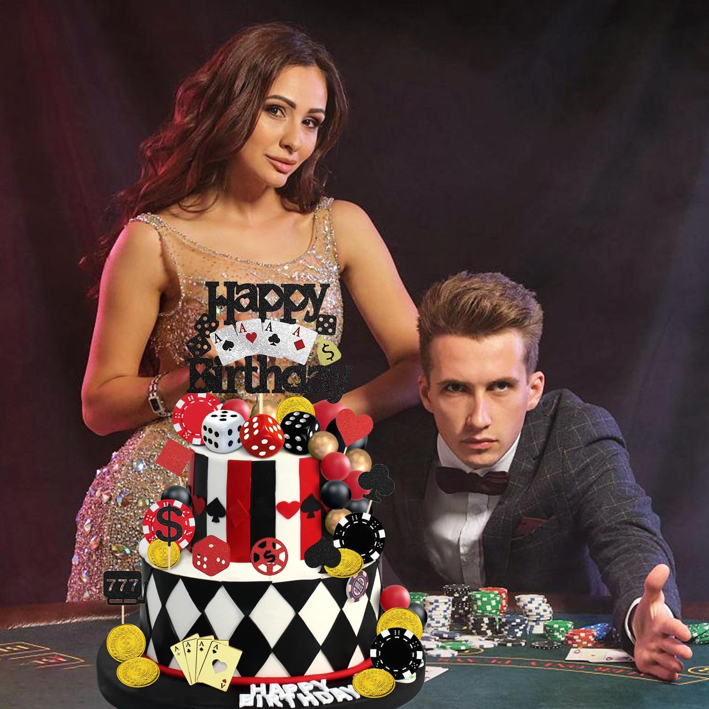 Knana 35Pcs Casino Cake Toppers - Dice, Chips & Gold Coins for Casino Theme Party Decorations