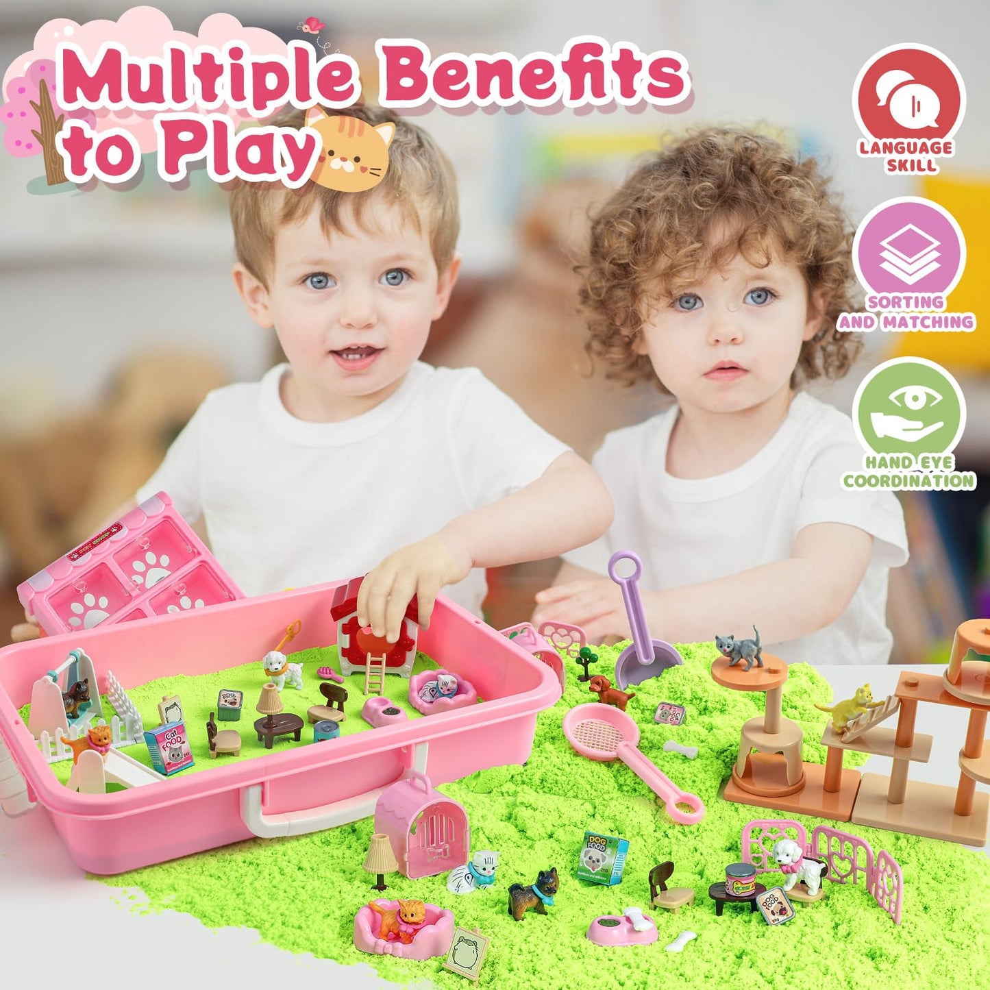 KNASON Cat and Dog Sensory Bin Play Sand Kit – 2.2 lbs Sand, 50 Accessories for Kids