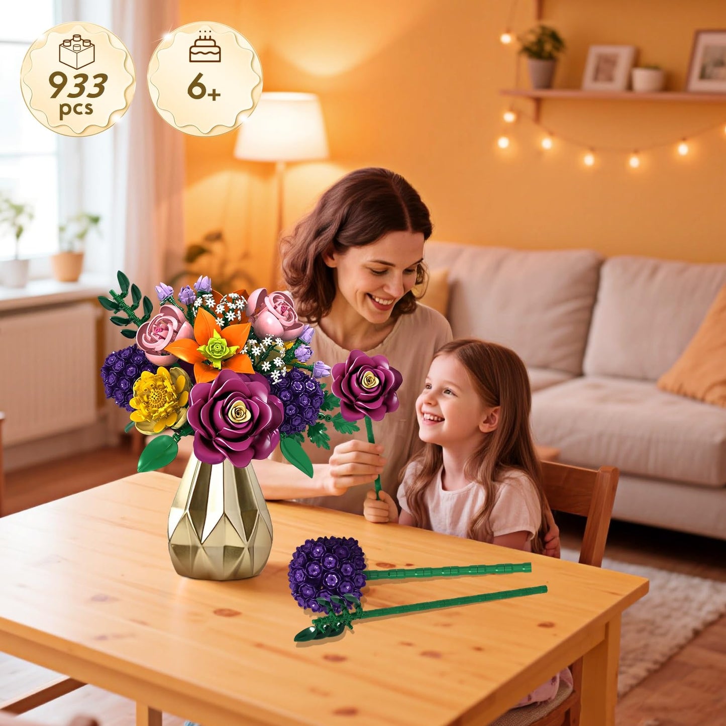KOJAYHOL Valentines Day Flower Bouquet Building Block Set – 933PCS Botanical Collection, 14 Flowers, Gift for Her