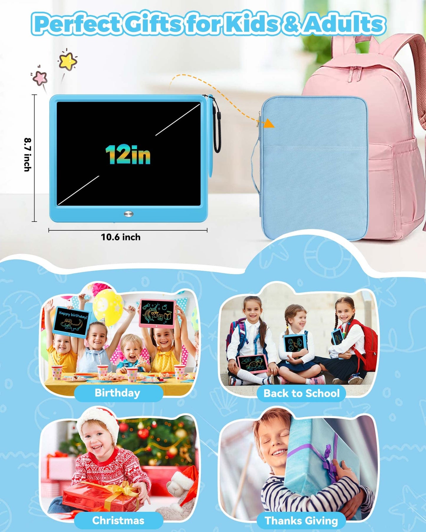 KOKODI 12 Inch LCD Writing Tablet with Anti-Lost Stylus – Blue Doodle Board for Travel & Learning