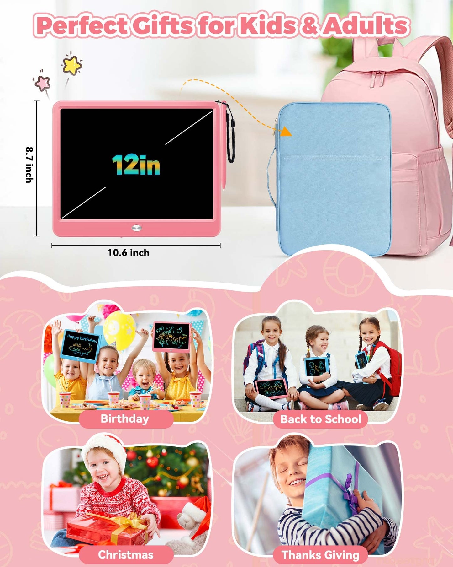 KOKODI 12 Inch LCD Writing Tablet with Anti-Lost Stylus – Pink Doodle Board for Kids, Travel & Learning