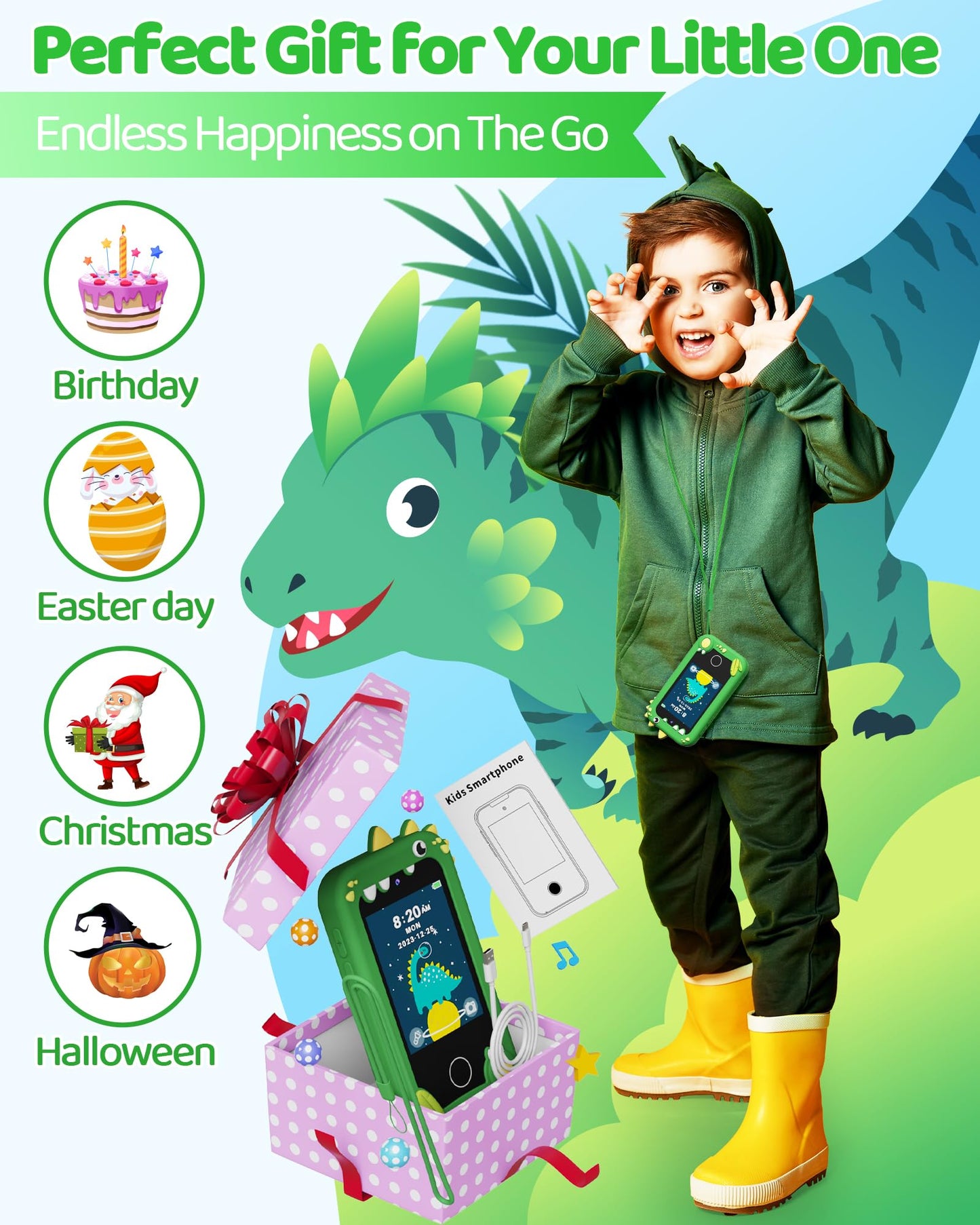 KOKODI Kids Smart Phone Toy — Touchscreen HD Dual Camera, Green Dino Phone for Ages 3–10