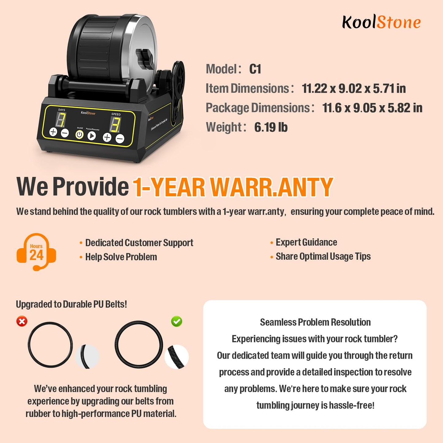 KoolStone C1 Rock Tumbler Kit — 2.5lb Capacity, 3-Speed, 9-Day Timer, Quiet