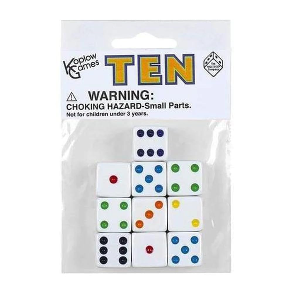 Koplow Games White 16mm D6 Dice (10) – 5/8in, White with Black Pips