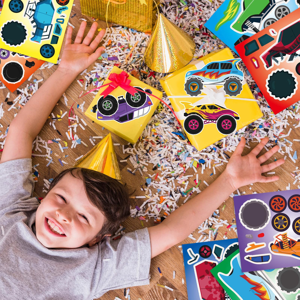 Kopokita 24 Sheets Monster Truck Stickers for Kids – DIY Face Sticker Craft Kit