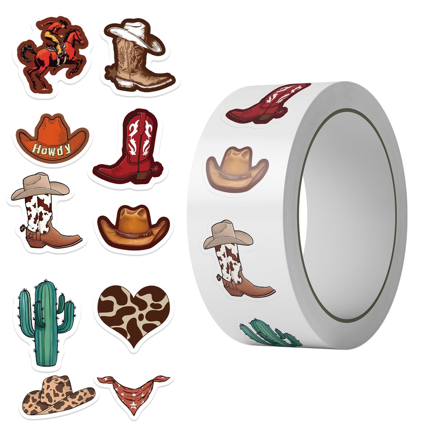 KOPTOP Western Cowboy Stickers Roll – 1000 Pieces, 2 Rolls, 10 Designs, Waterproof