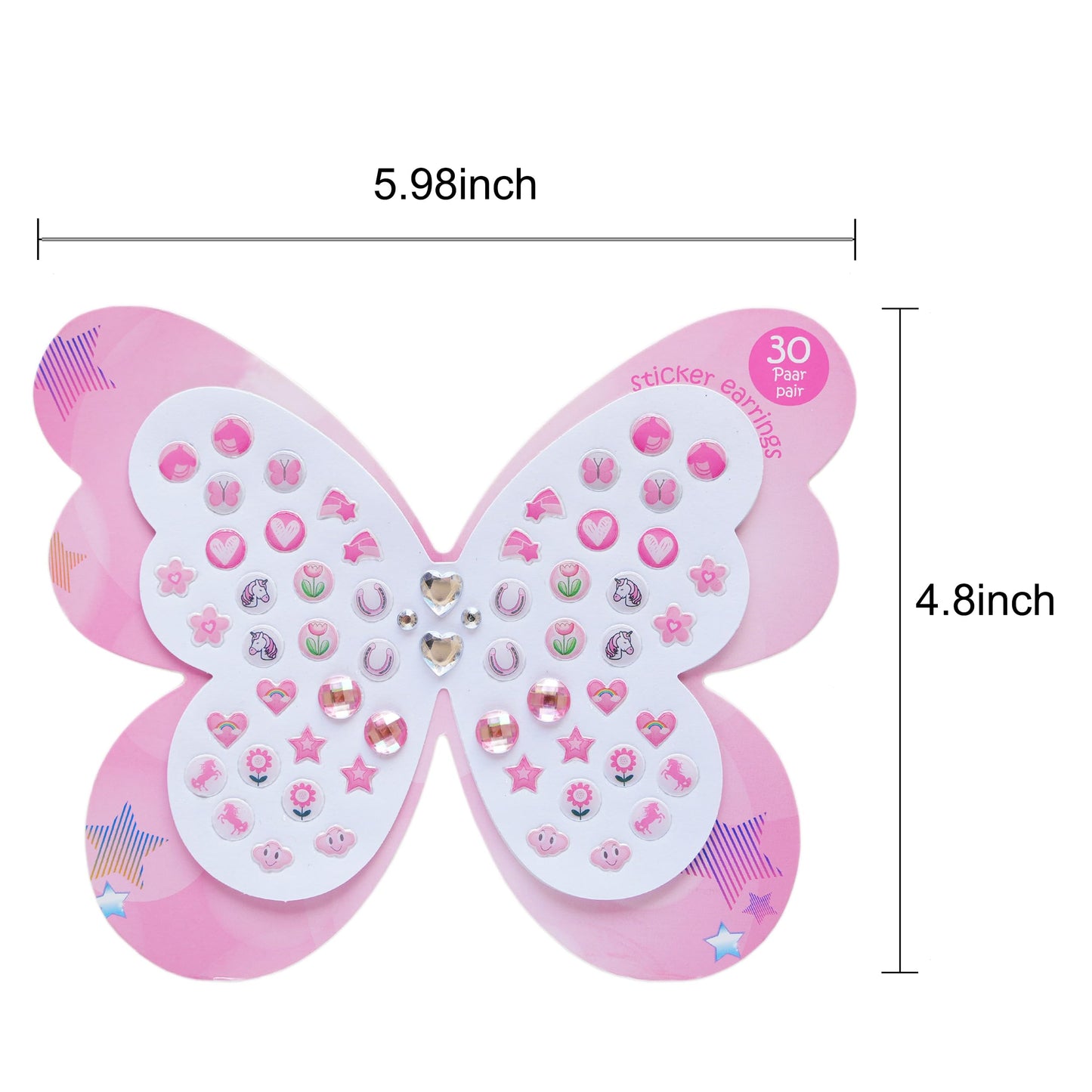 Koutey Butterfly Stick-On Earrings for Kids – 30 Pairs Unicorn Rainbow Self-Adhesive Earrings (Butterfly-01)
