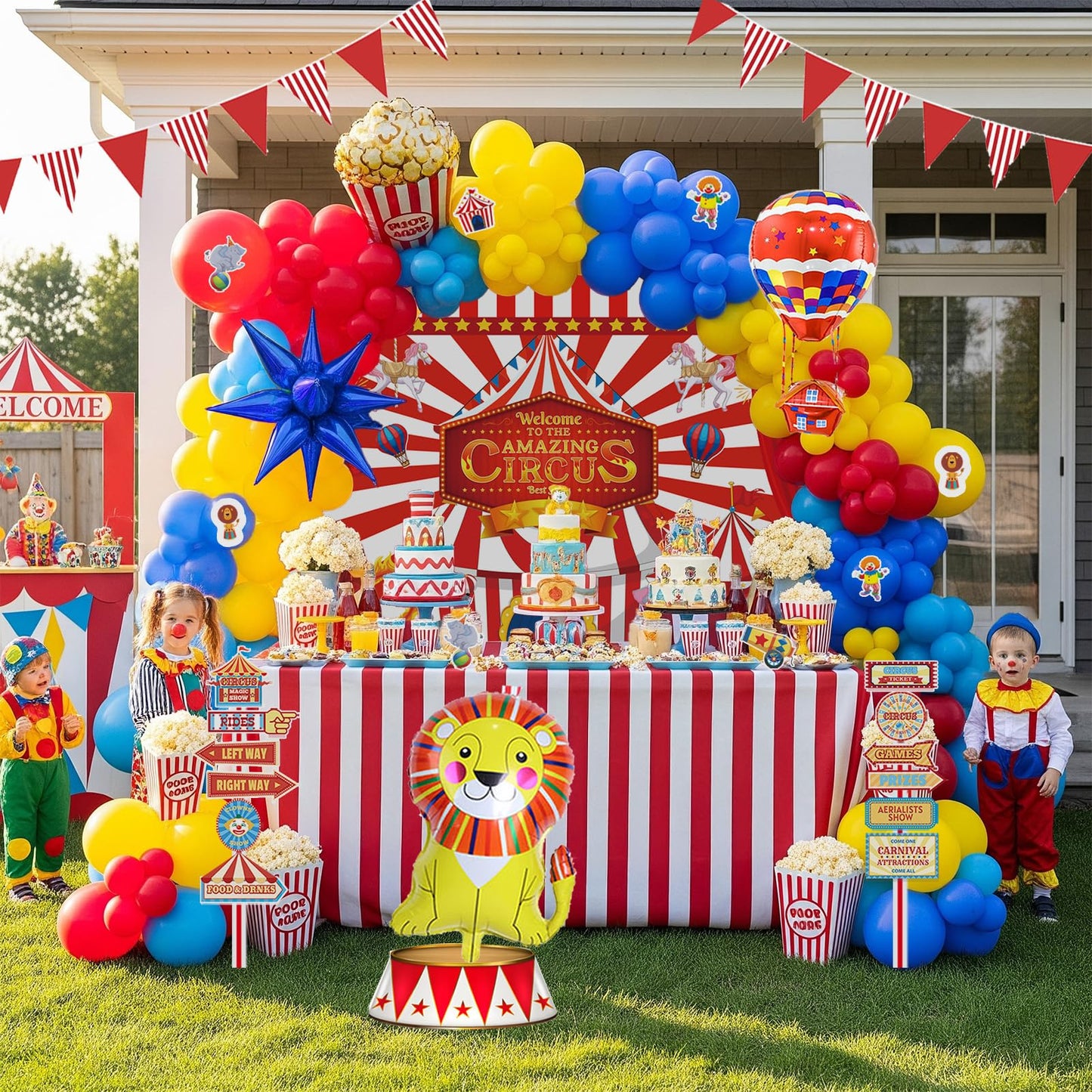 Kozee Carnival Circus Theme Party Decorations – Red, Blue & Yellow Balloons, Foil Hot Air Balloons, Striped Banner & Backdrop