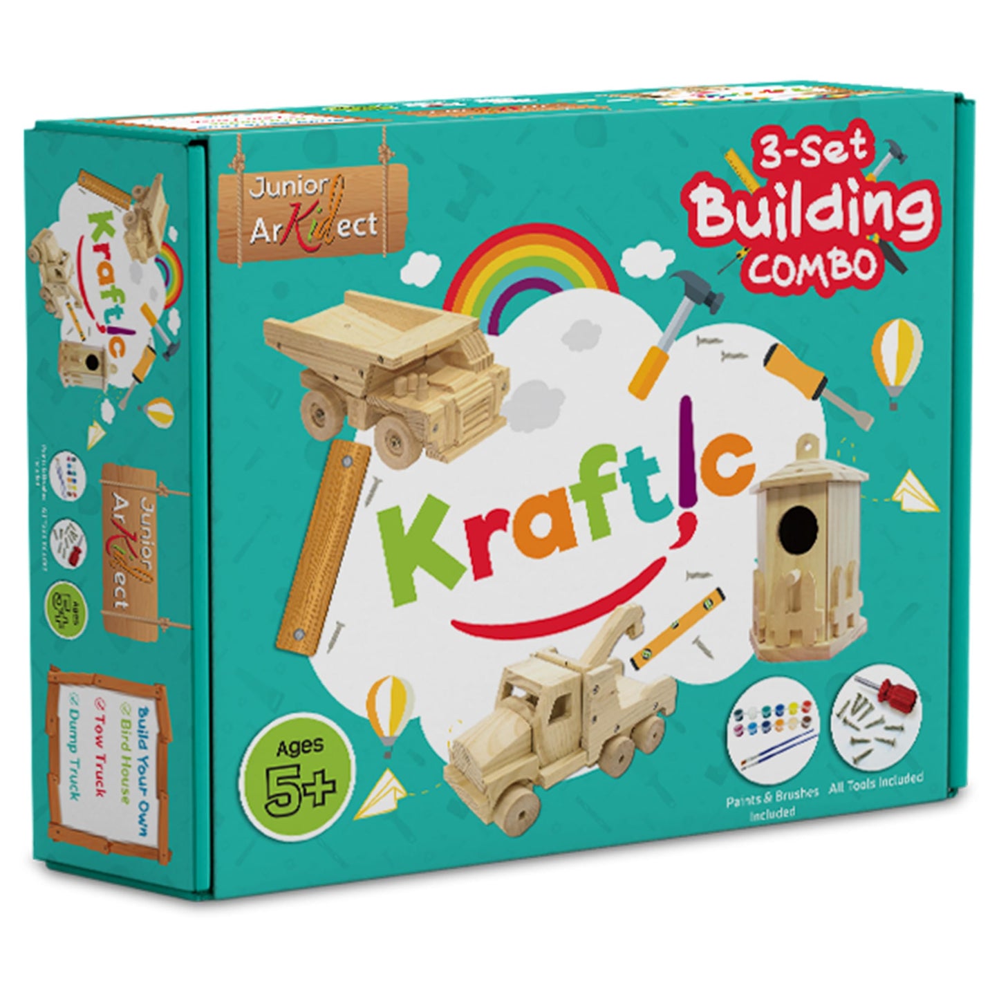 Kraftic Woodworking Kit for Kids & Adults — Tow Truck, Birdhouse, Dump Truck