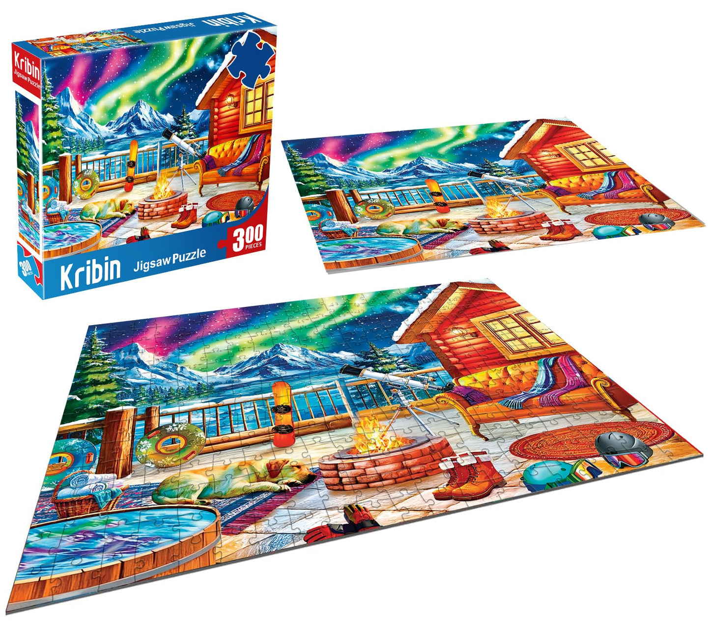 Kribin 300 Piece Puzzle – Northern Lights Lounge Cabin | Large Piece Jigsaw for All Ages