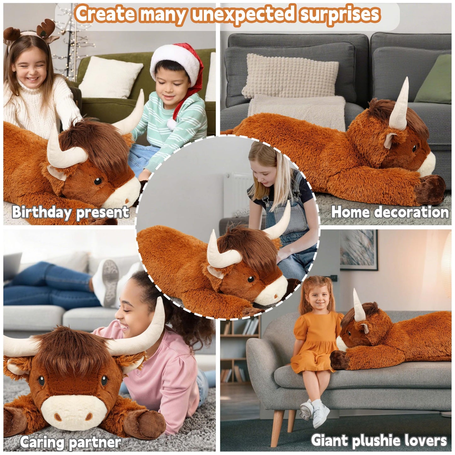 Ksidzas 39-Inch Giant Highland Cow Plush – Oversized Cuddly Stuffed Animal for Kids and Adults