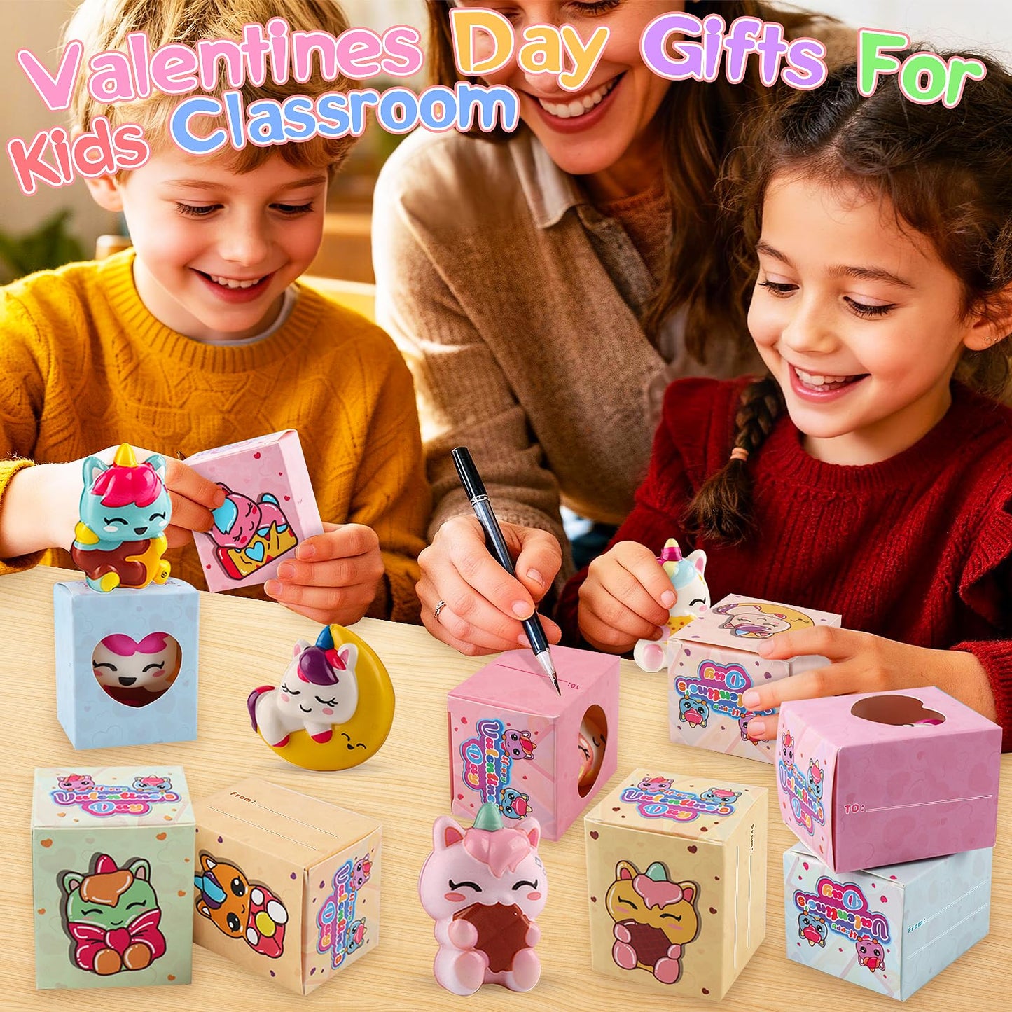 Ksmky Valentines Gifts for Kids Classroom – 24-Pack Pre-Packed Valentines Boxes with Cute Squishy Toys