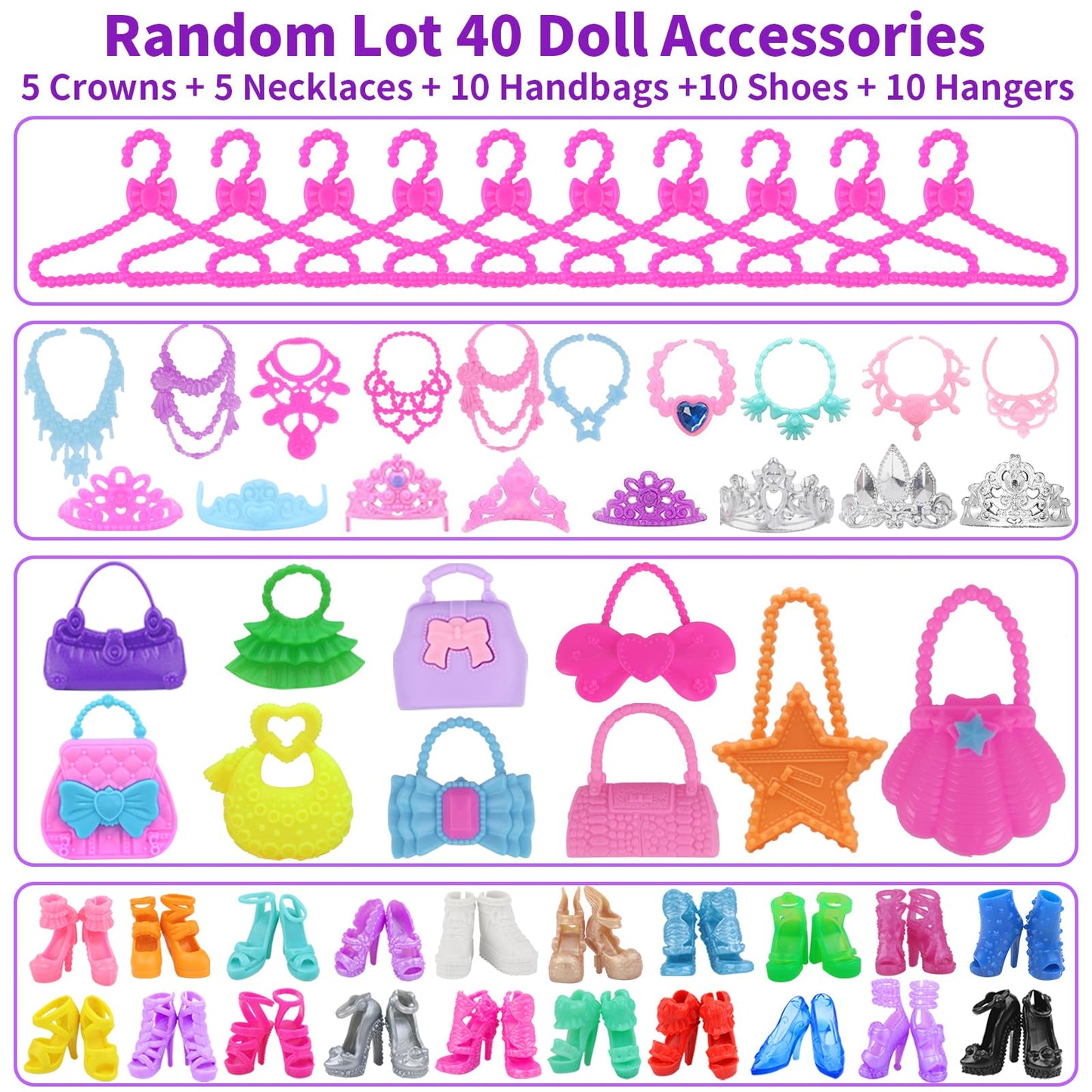 K.T. Fancy 83 Pcs Dolls & Accessories with Purple Closet Wardrobe — Dress Up Set for 11.5-Inch Dolls