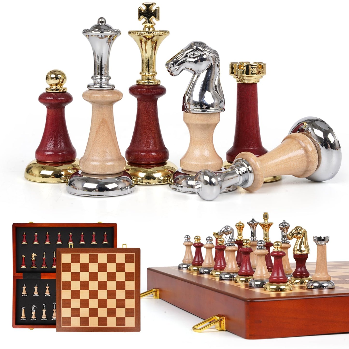 Kvintes Large Wooden Chess Set — 17-Inch Board, Metal & Wooden Pieces, 2 Extra Queens