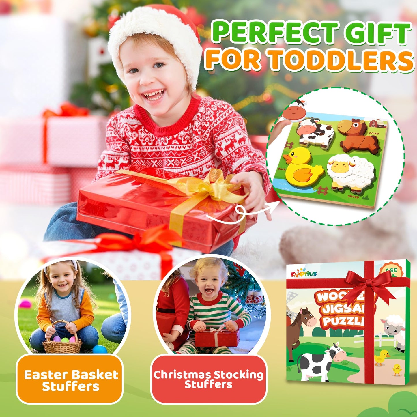 Kyerivs Farm Animal Wooden Puzzle – 4-in-1 Montessori Toy for Toddlers (Ages 2-5)