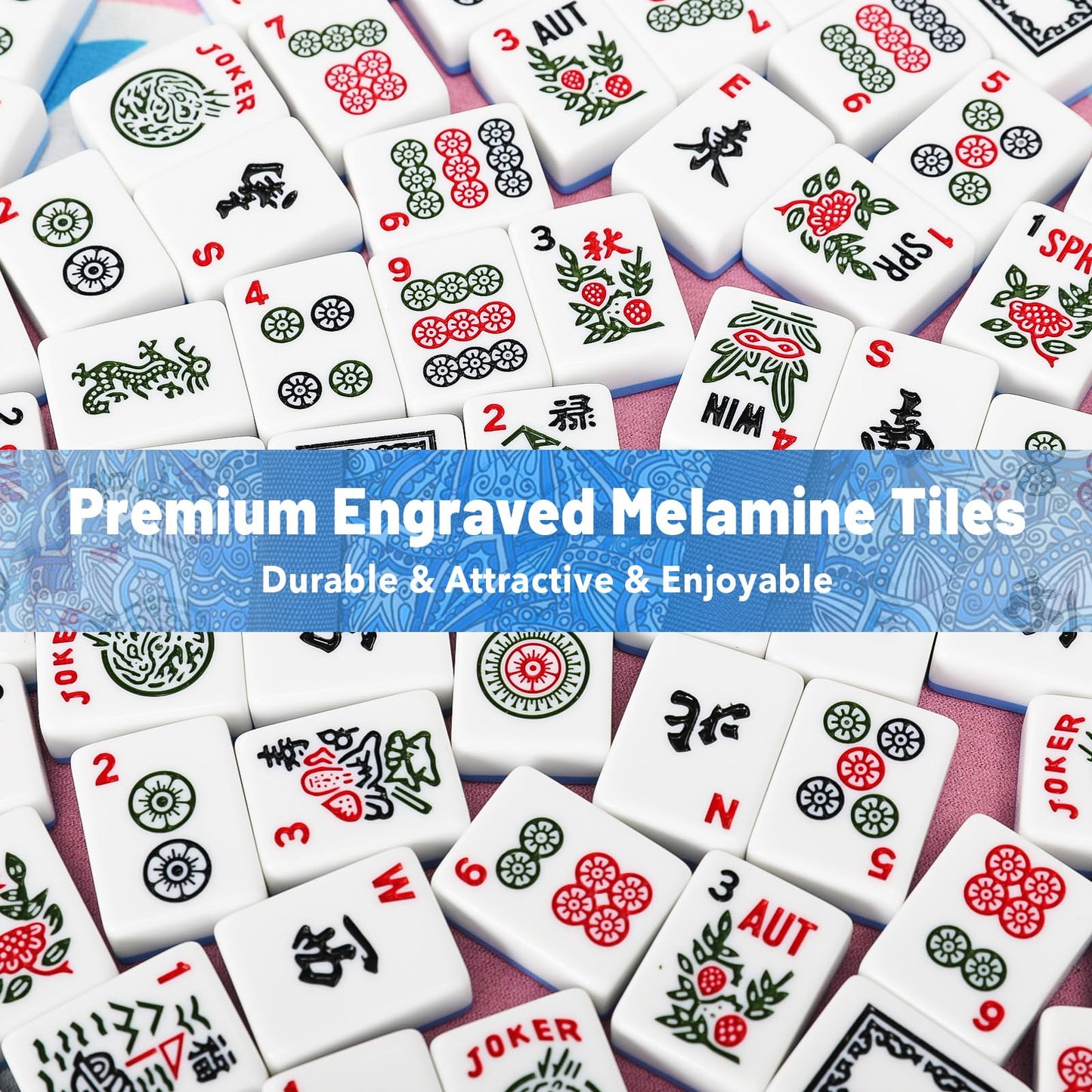Kyerlish American Mahjong Tile Set — 166 Premium Tiles, Blue Printed Carrying Bag, 4 All-in-One Racks/Pushers