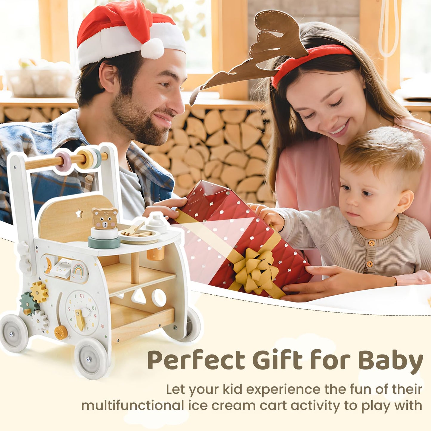 Labebe Wooden Baby Walker with Activity Center — Adjustable Speed Push Walker for 18M+
