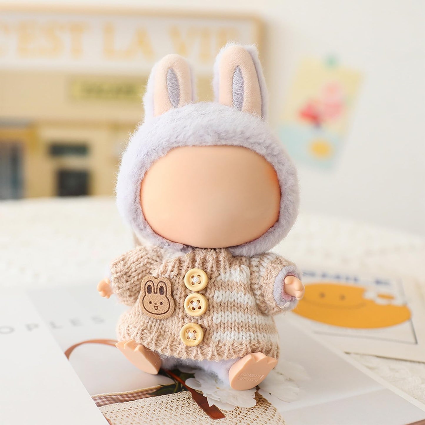 LABUBU 17cm Doll Outfit - Handcrafted Crochet 3-Piece Bunny Sweater, Hat & Bag (Beige)