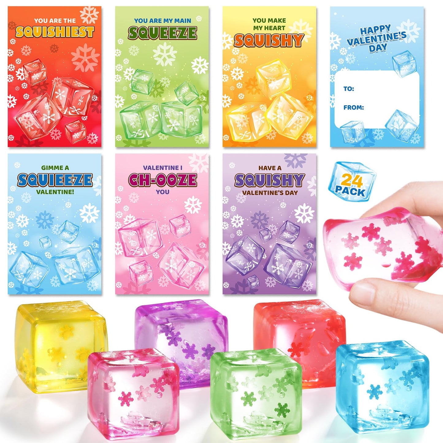 LACCHOUFEE Valentines Gifts Cards for Kids – 30 Pack Snow Ice Cube Squeeze Toys with Greeting Cards