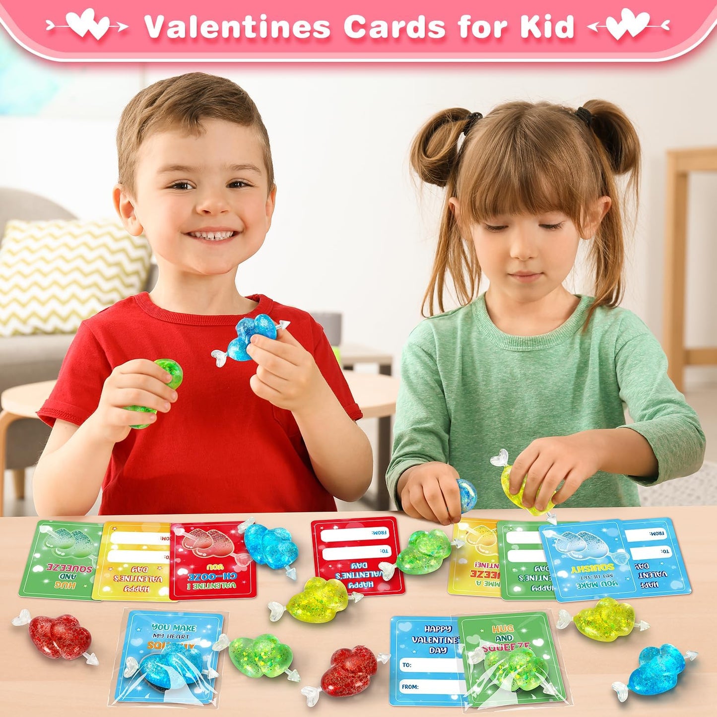 LACCHOUFEE Valentines Day Card and Heart Stress Ball Set – 24 Pack for Kids Classroom Gifts