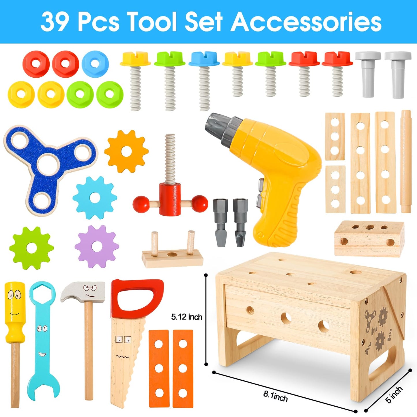 LACCHOUFEE Kids Tool Set with Drill – 37-Piece Wooden STEM Toy for Ages 2–5