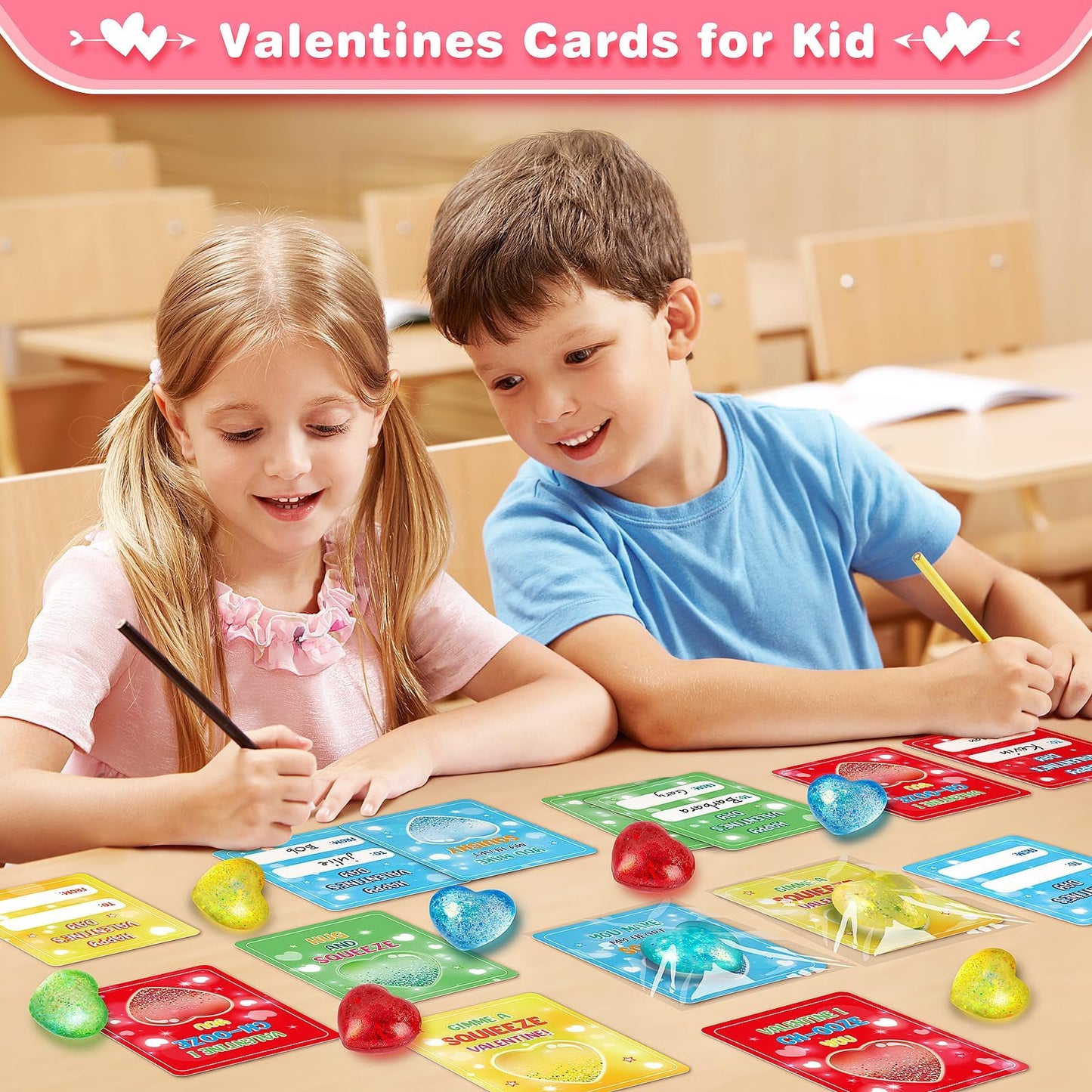 Valentine's Day Gift Cards for Kids — 24 Heart Gem Stress Balls with Greeting Cards | LACCHOUFEE