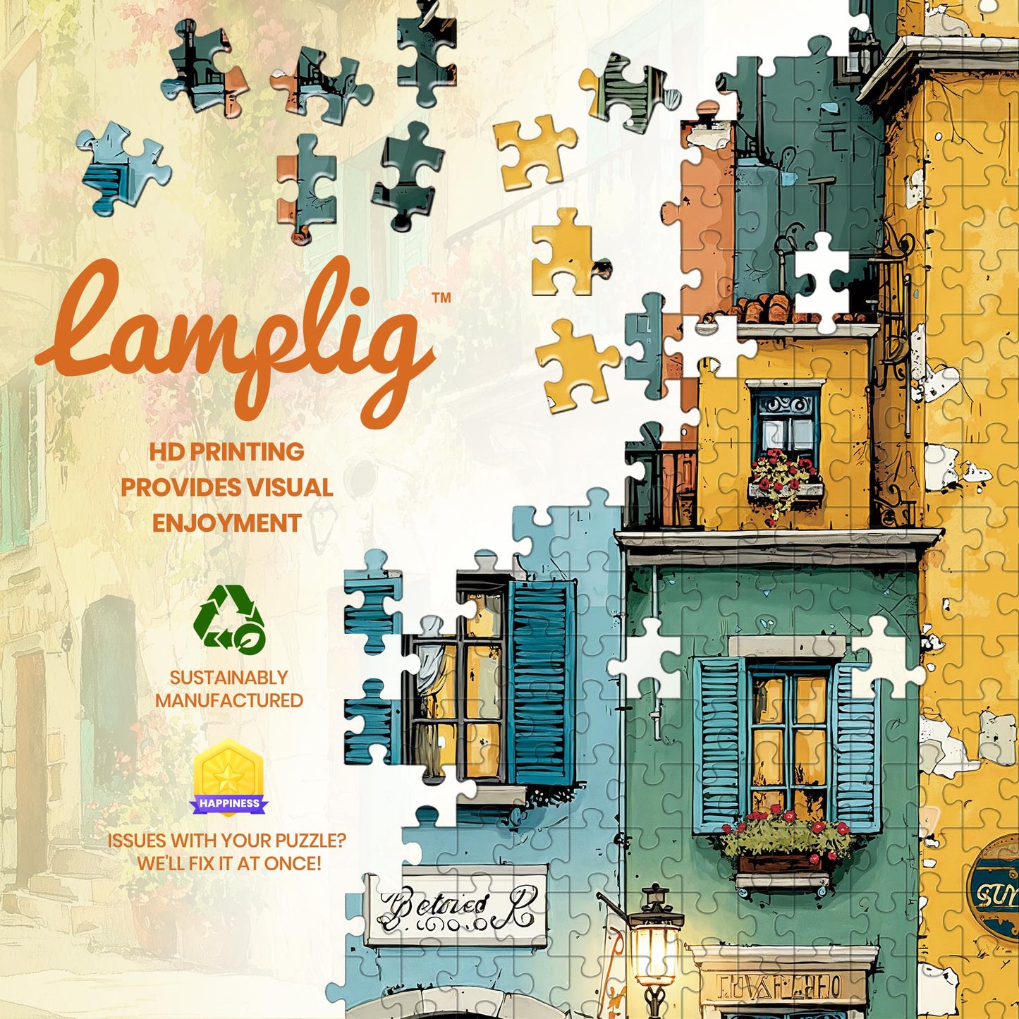 Lamplig 1000-Piece Puzzle: Fall Italy Town Street Vintage Landscape + 1:1 Poster