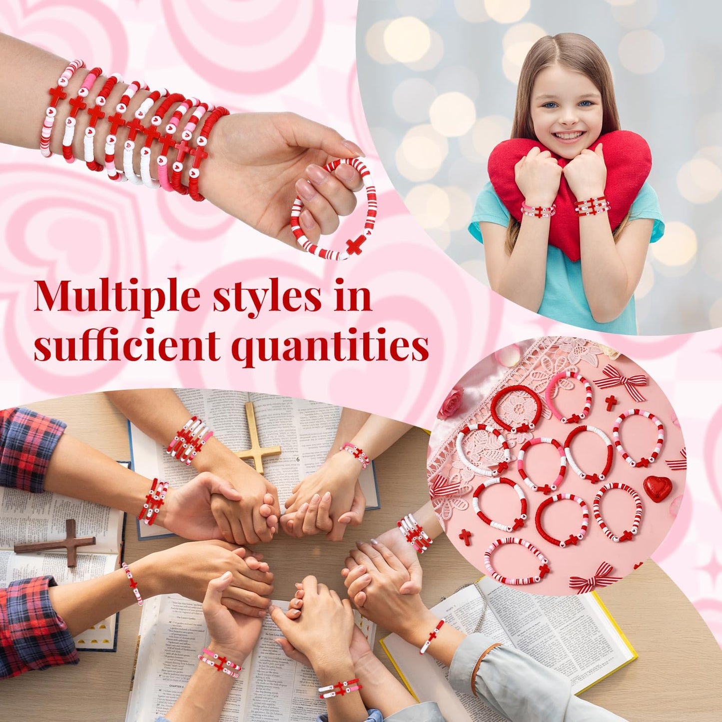 Landical 30 Pcs Cross Bracelets Bulk – Elastic Polymer Clay Bead Wristbands (Valentine Theme)