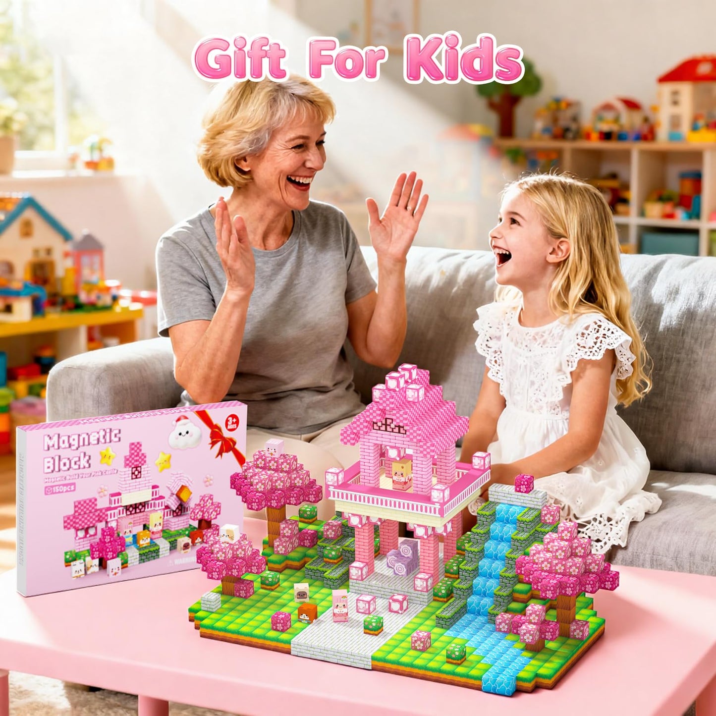 Laoren Magnetic Building Blocks – Pink Castle 150pcs STEM Toys for Kids 4-12