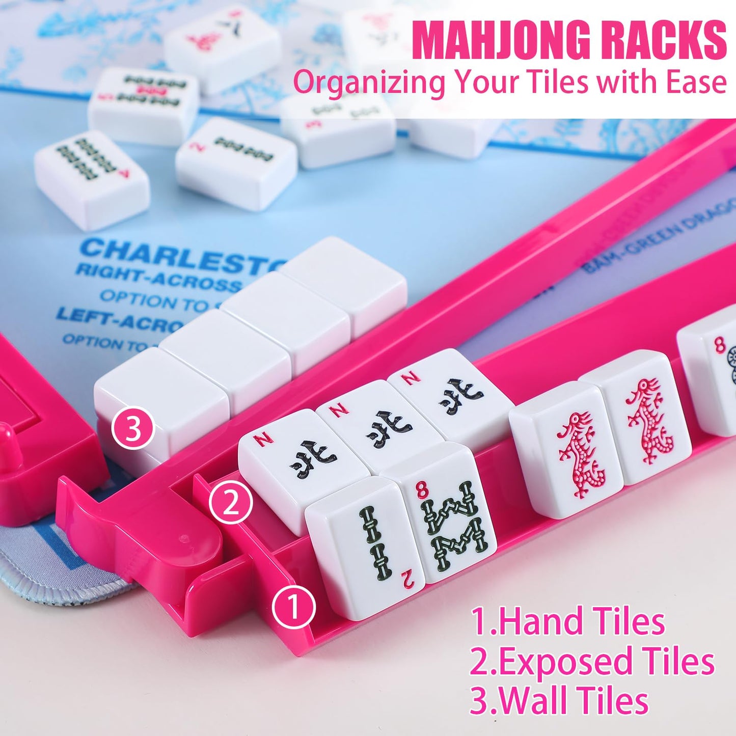 LaRandom 4 Pcs 18.7 Inch Hot Pink Acrylic Mahjong Tile Racks with Pushers – 4-Player American Mahjong Set