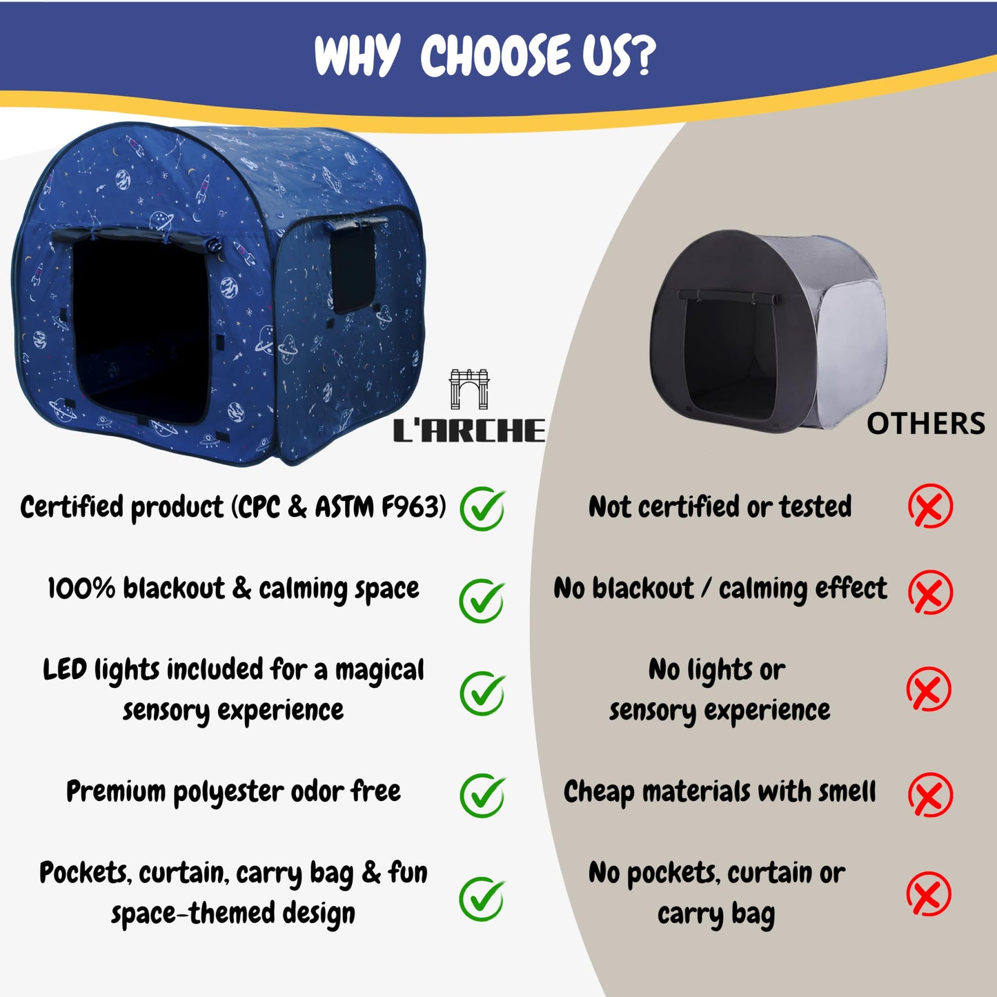L'Arche Sensory Tent with LED Lights – Blackout Pop-Up Calm Down for Kids