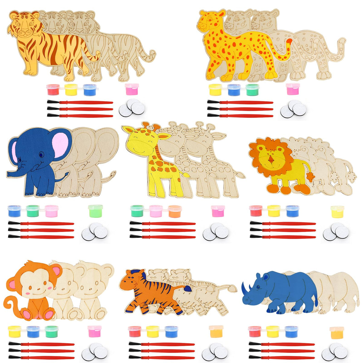 LARDUX Safari Party Favors – 24 DIY Wood Painting Kits with Glow Paints (8 Animal Shapes)